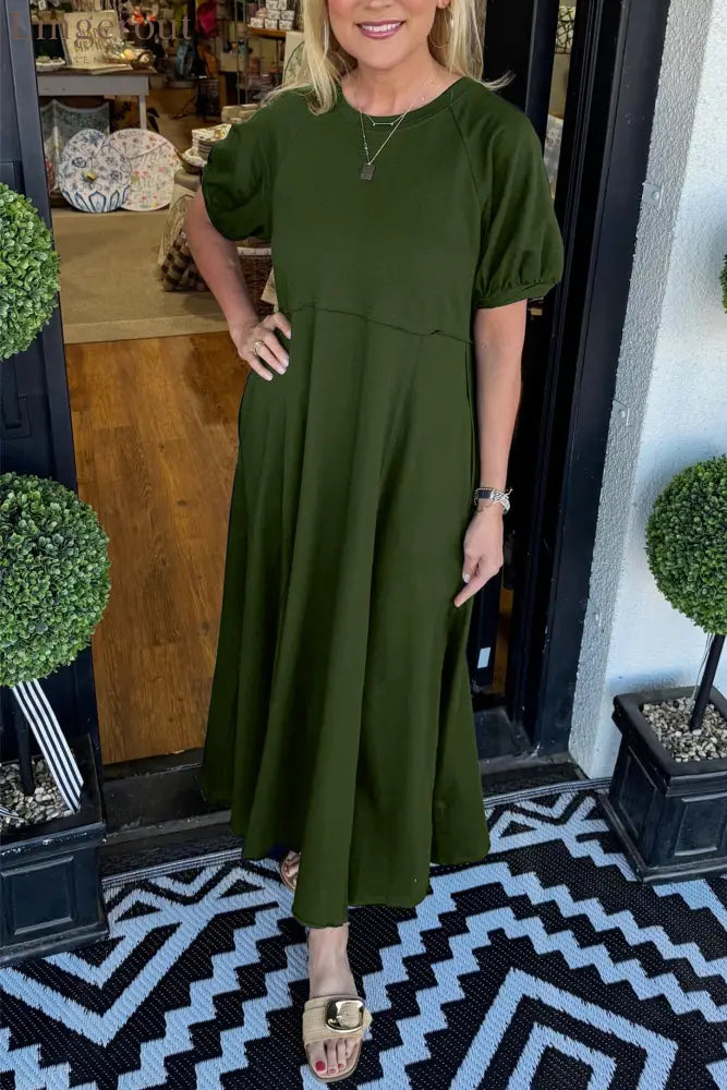 🔥Women’s Solid Color Puff Sleeve Round Neck Long Dress（Buy 2 Free Shipping） - Army green / S