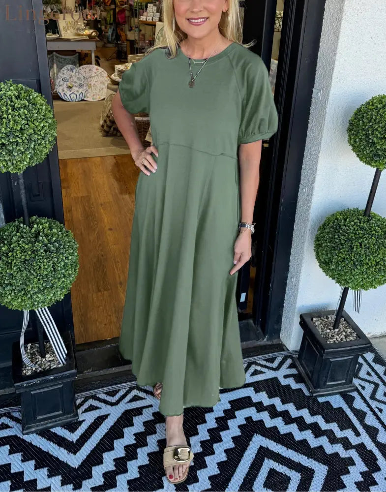 🔥Women’s Solid Color Puff Sleeve Round Neck Long Dress（Buy 2 Free Shipping） - Green / S