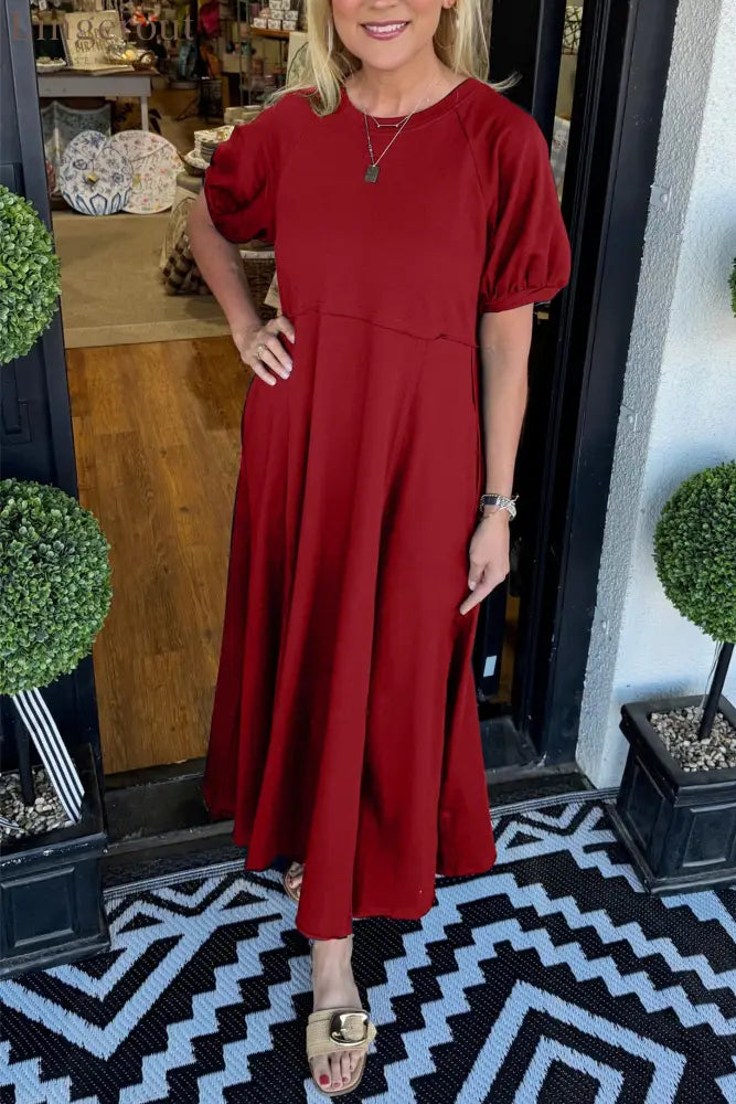 🔥Women’s Solid Color Puff Sleeve Round Neck Long Dress（Buy 2 Free Shipping） - Wine red / S