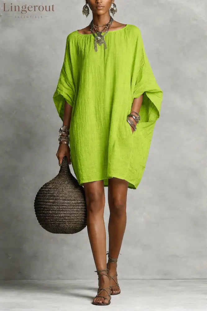 Women’s Solid-color round-neck 3/4-sleeve Casual Loose Cotton-linen Dress - Green / S