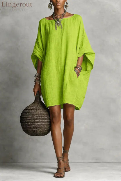 Women’s Solid-color round-neck 3/4-sleeve Casual Loose Cotton-linen Dress - Green / S