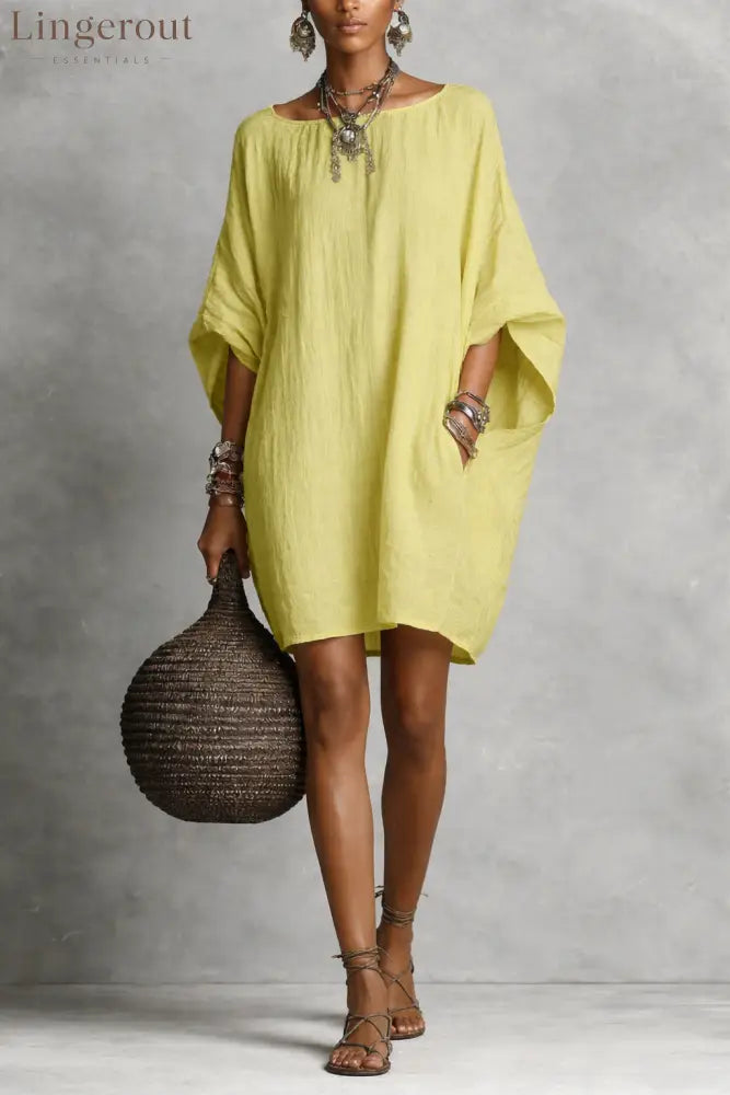 Women’s Solid-color round-neck 3/4-sleeve Casual Loose Cotton-linen Dress - Yellow / S