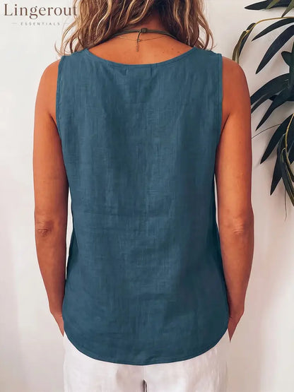 Women’s Solid Color Round Neck Sleeveless Casual Loose Cotton-linen Top