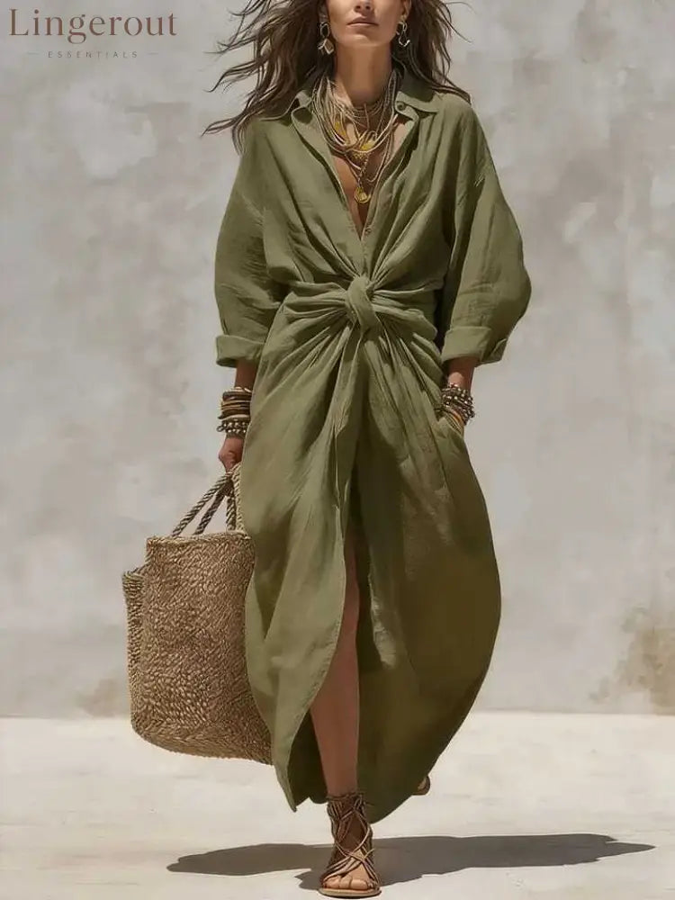 Women’S Solid Color Shirt Collar Single-Breasted Pocket Cardigan Long-Sleeved Casual Dress - Green / XS