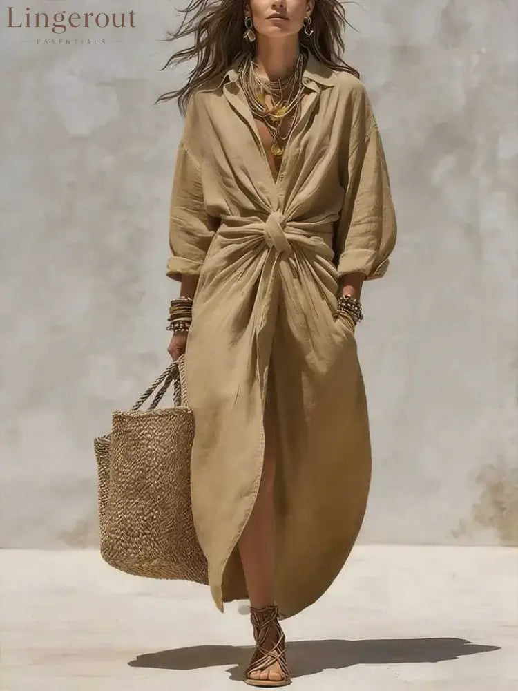 Women’S Solid Color Shirt Collar Single-Breasted Pocket Cardigan Long-Sleeved Casual Dress - Khaki / XS