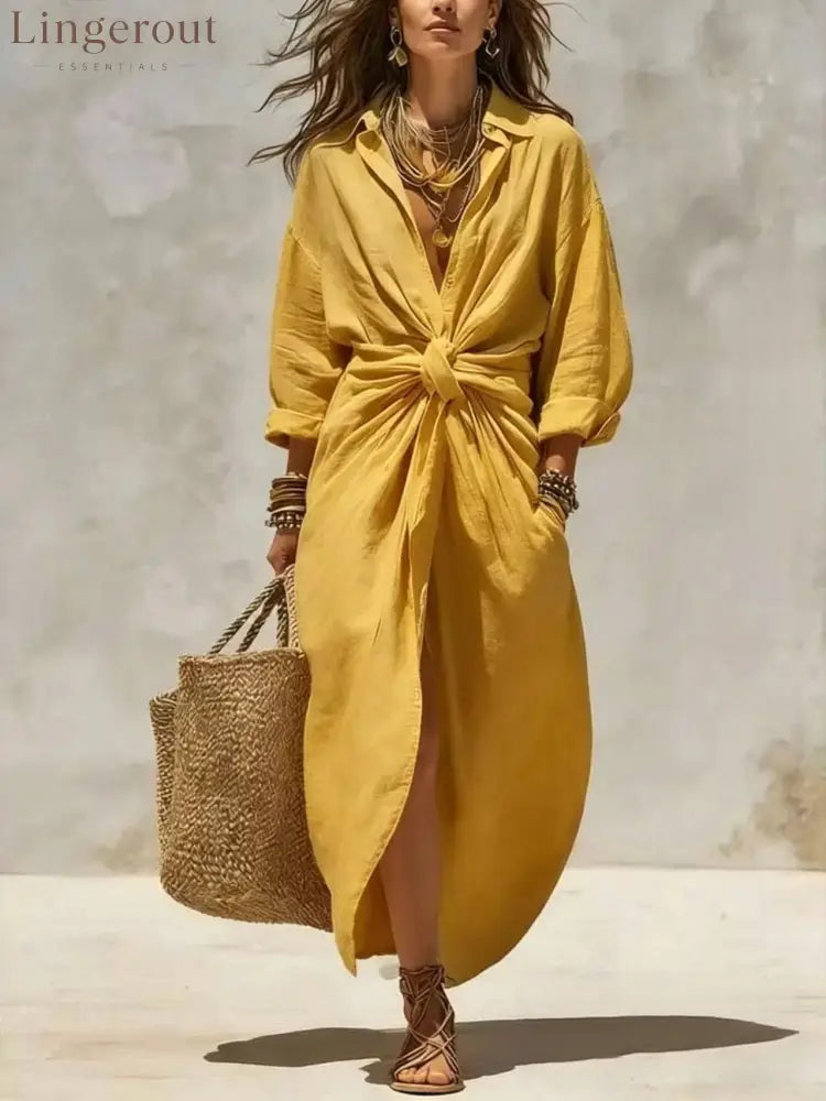 Women’S Solid Color Shirt Collar Single-Breasted Pocket Cardigan Long-Sleeved Casual Dress - Yellow / XS