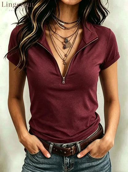 Women’s Solid-color Short-sleeve Top With Zipper And Turn-down Collar - Burgundy / S