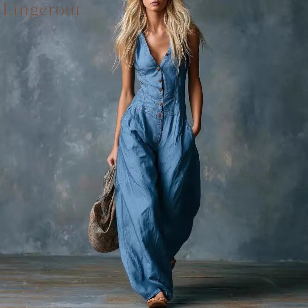 Women’S Spring Thin Loose Sleeveless Ethnic Tribal Denim Jumpsuit