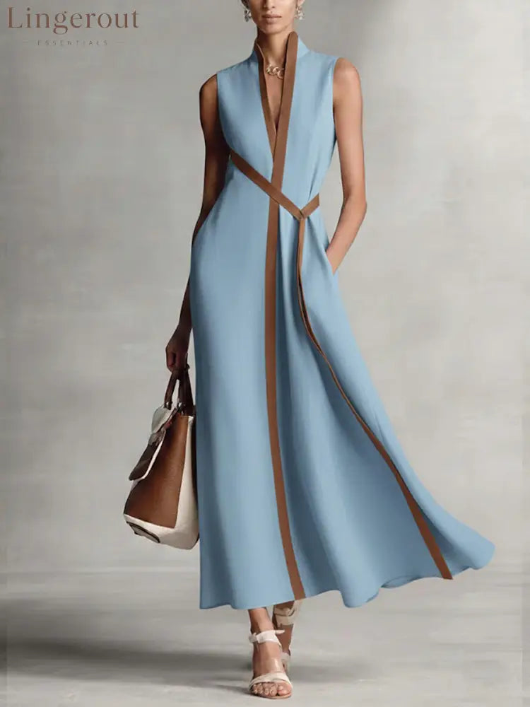 Women’s Stand-up Collar Sleeveless Casual Loose Cotton And Linen Dress - Blue / S