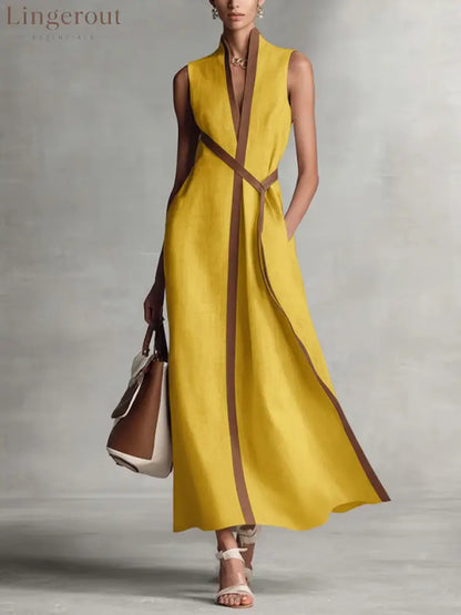 Women’s Stand-up Collar Sleeveless Casual Loose Cotton And Linen Dress - Yellow / S