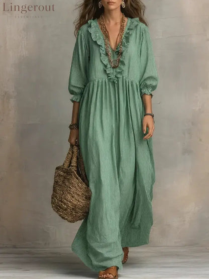 Women’s Striped Art Print Casual Stylish Ruffled Vacation Maxi Dress - Green / S
