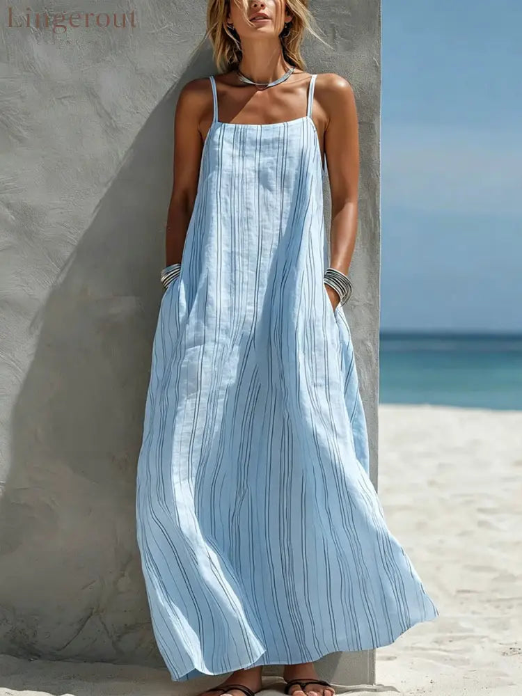 Women’s Striped Print Casual Loose-fit Cotton-linen Sundress - Blue / S
