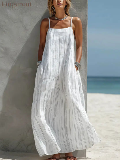 Women’s Striped Print Casual Loose-fit Cotton-linen Sundress - White / S