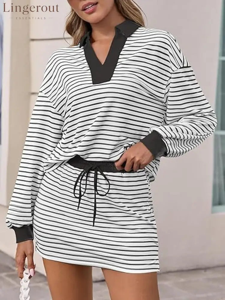 Women’s Striped Two-Piece Casual Sweatshirt and Skirt Set