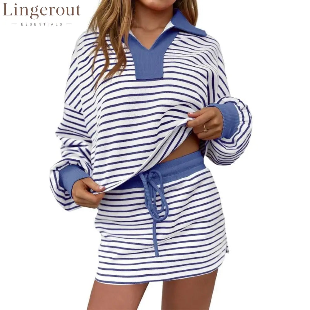 Women’s Striped Two-Piece Casual Sweatshirt and Skirt Set - Blue / S