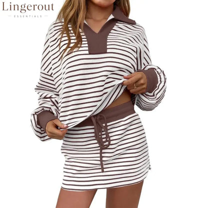 Women’s Striped Two-Piece Casual Sweatshirt and Skirt Set - Coffee / S