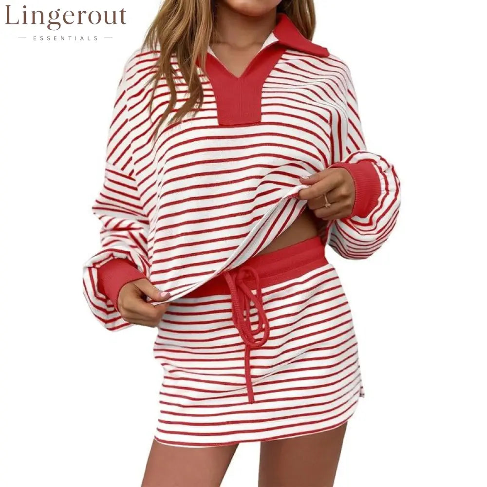 Women’s Striped Two-Piece Casual Sweatshirt and Skirt Set - Red / S