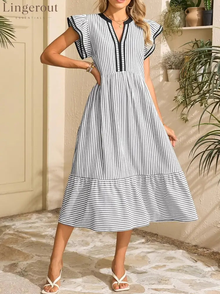 Women’s Striped V-Neck Flutter Sleeve Long Dress