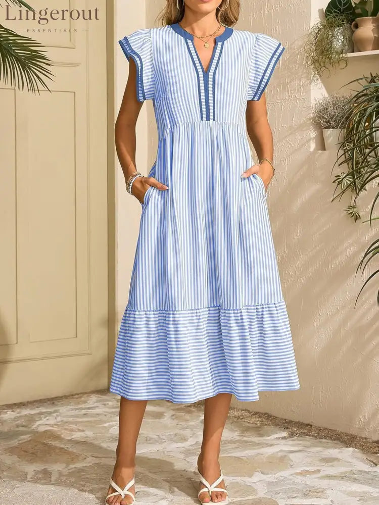Women’s Striped V-Neck Flutter Sleeve Long Dress - Blue / S