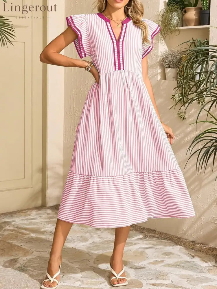 Women’s Striped V-Neck Flutter Sleeve Long Dress - Pink / S