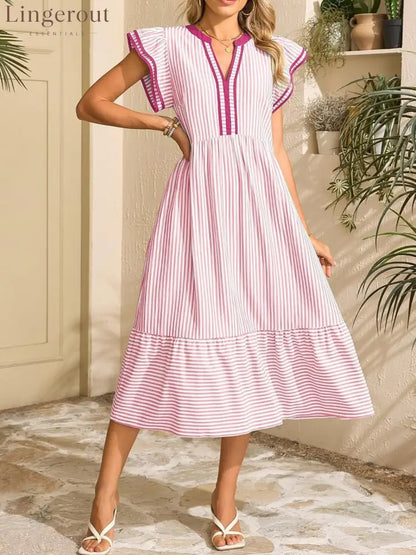 Women’s Striped V-Neck Flutter Sleeve Long Dress - Pink / S