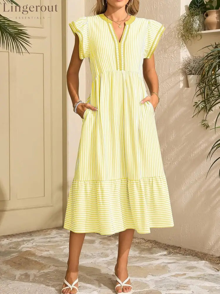 Women’s Striped V-Neck Flutter Sleeve Long Dress - Yellow / S