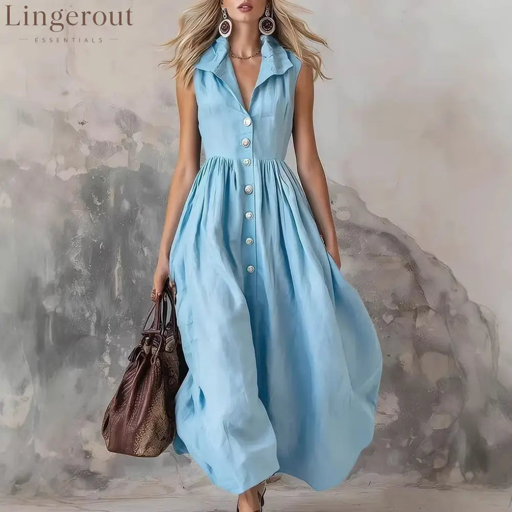 Women’S Stylish Solid Color Lapel Slim Long Skirt - Sky blue / S
