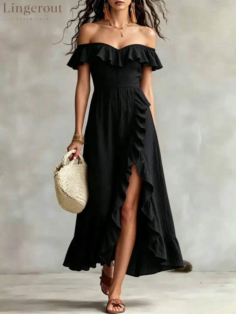 Women’s Summer Cotton Off Shoulder Ruffled Ruched Flowy Maxi Dress - Black / S
