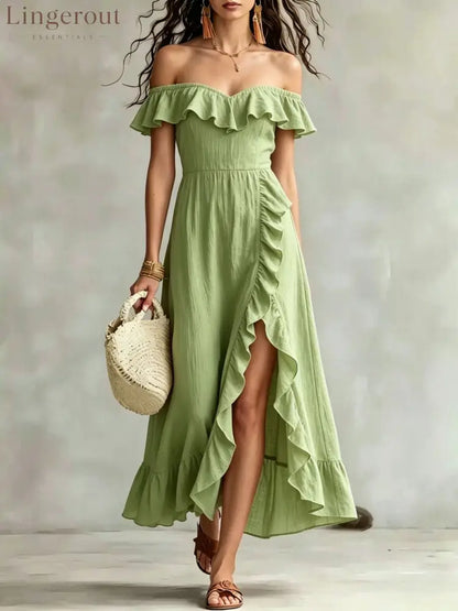 Women’s Summer Cotton Off Shoulder Ruffled Ruched Flowy Maxi Dress - Light green / S