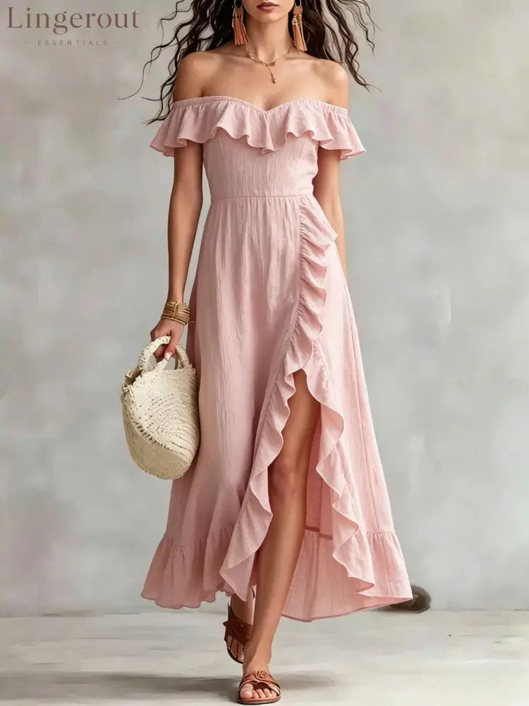 Women’s Summer Cotton Off Shoulder Ruffled Ruched Flowy Maxi Dress - Pink / S