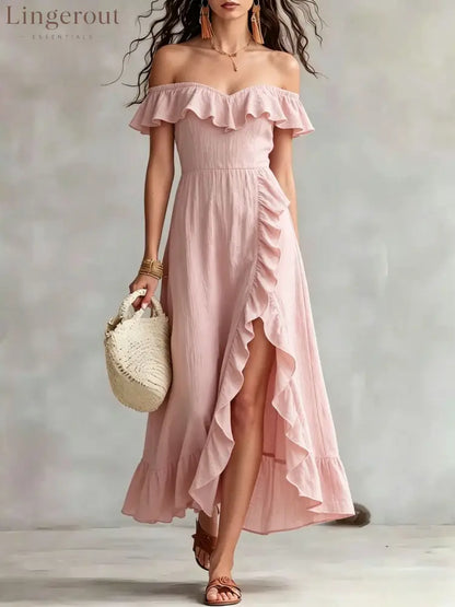 Women’s Summer Cotton Off Shoulder Ruffled Ruched Flowy Maxi Dress - Pink / S
