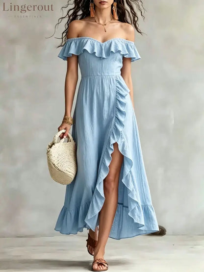 Women’s Summer Cotton Off Shoulder Ruffled Ruched Flowy Maxi Dress - Sky blue / S
