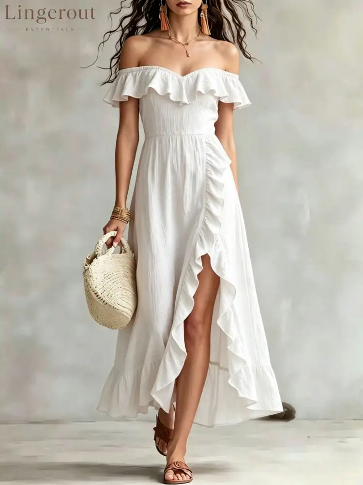Women’s Summer Cotton Off Shoulder Ruffled Ruched Flowy Maxi Dress - White / S