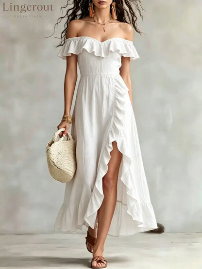 Women’s Summer Cotton Off Shoulder Ruffled Ruched Flowy Maxi Dress - White / S