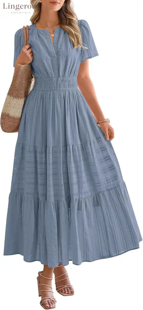 Womens Summer Lightweight Short Sleeve V Casual Midi Maxi Dresses