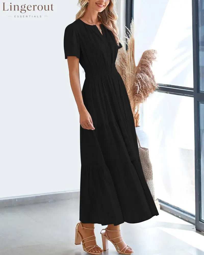 Womens Summer Lightweight Short Sleeve V Casual Midi Maxi Dresses