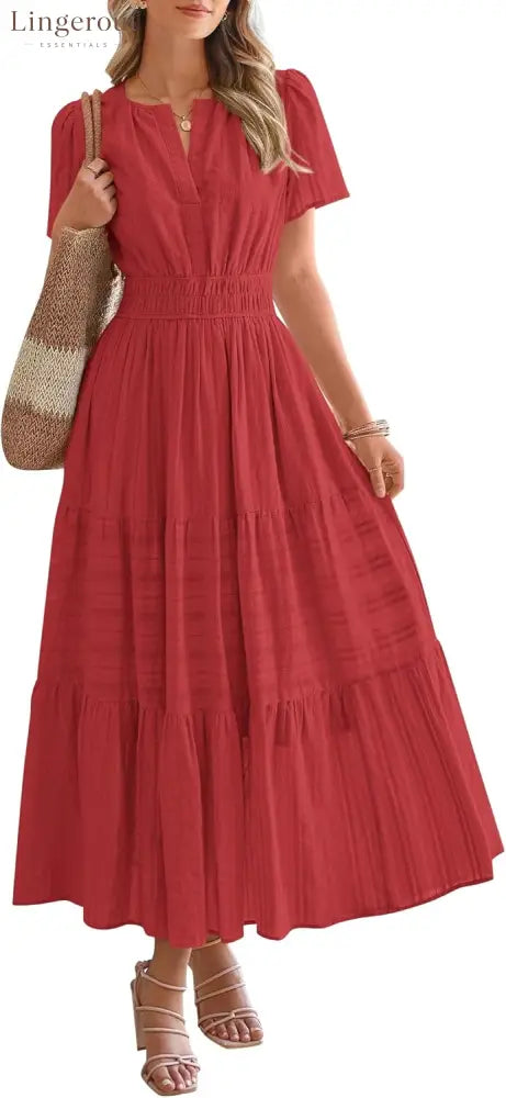 Womens Summer Lightweight Short Sleeve V Casual Midi Maxi Dresses - RED / S