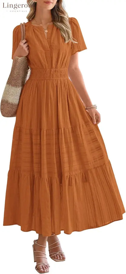 Womens Summer Lightweight Short Sleeve V Casual Midi Maxi Dresses - RUST / S