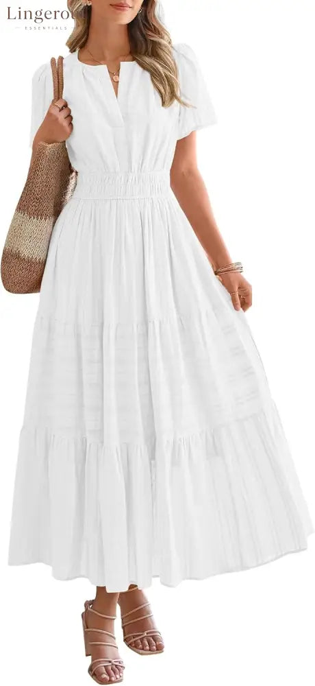 Womens Summer Lightweight Short Sleeve V Casual Midi Maxi Dresses - WHITE / S
