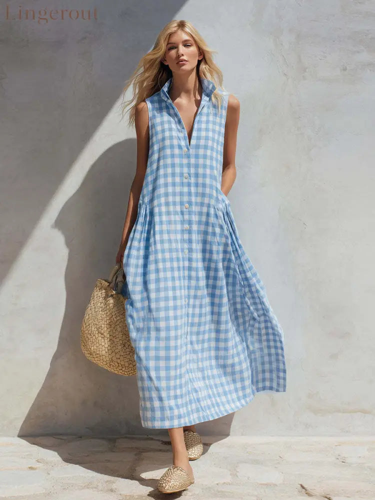 Women’s Summer Resort Seaside Plaid Sleeveless Loose Long Dress - Light blue / XS