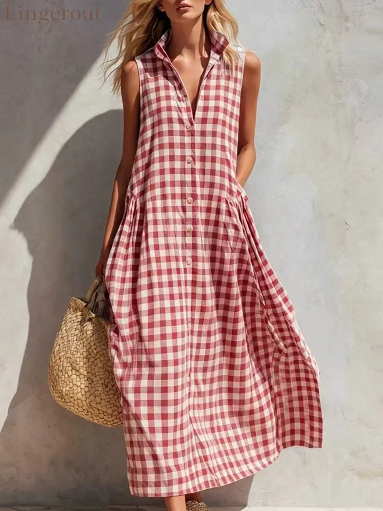 Women’s Summer Resort Seaside Plaid Sleeveless Loose Long Dress - Red / XS