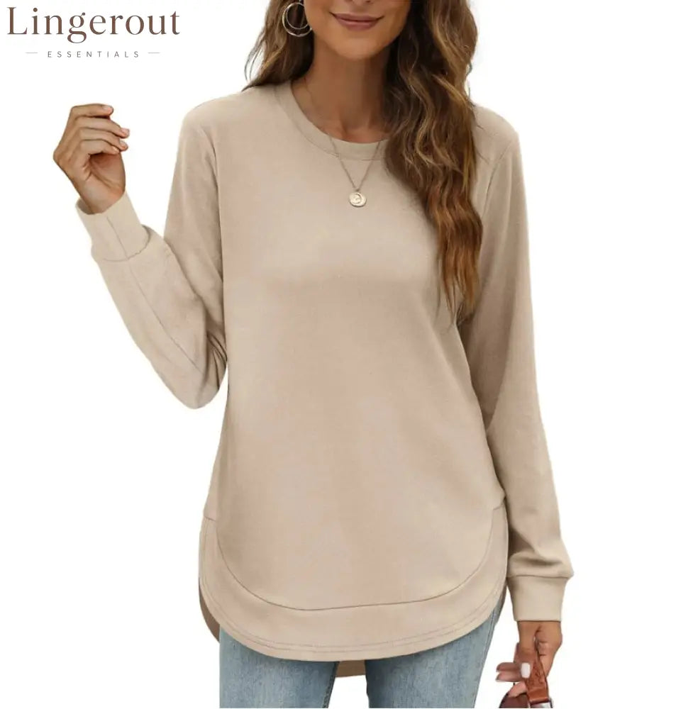 Women’s Sweatshirt Crewneck Curved Hem - Khaki / S