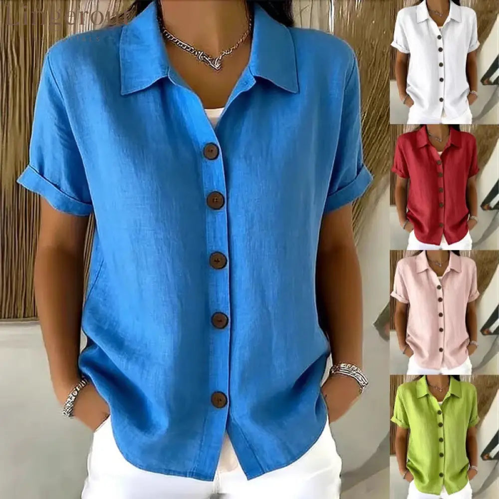 Women’s Turn-Down Collar Short Sleeve Linen Shirt