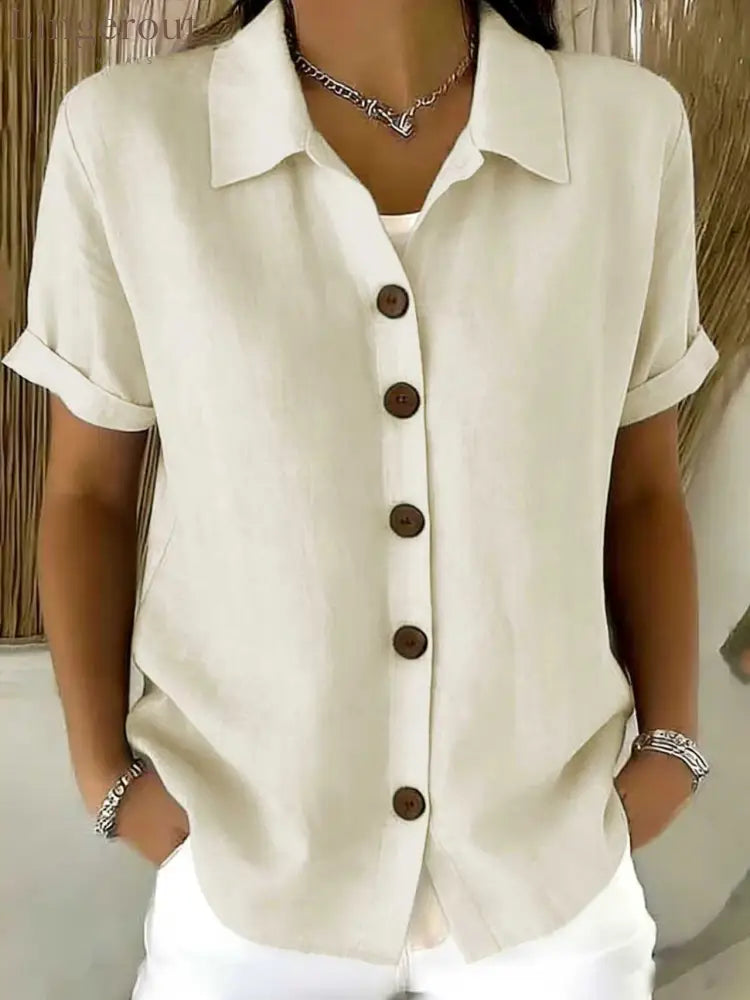 Women’s Turn-Down Collar Short Sleeve Linen Shirt - Apricot / S