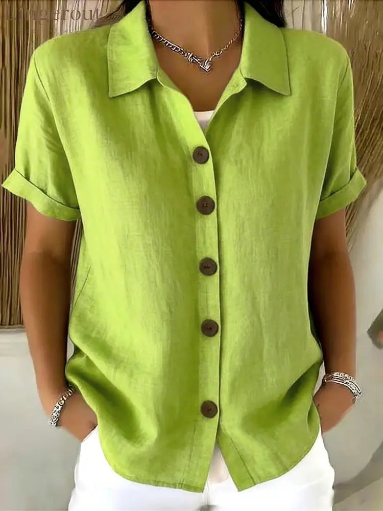 Women’s Turn-Down Collar Short Sleeve Linen Shirt - Green / S