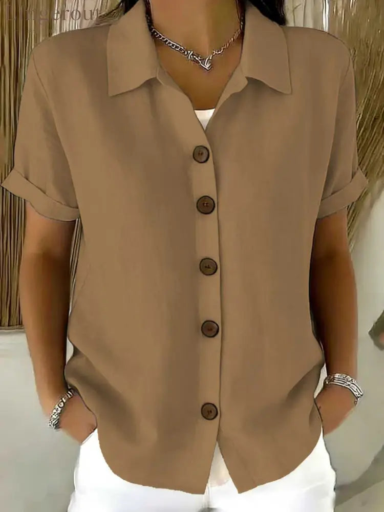 Women’s Turn-Down Collar Short Sleeve Linen Shirt - Khaki / S