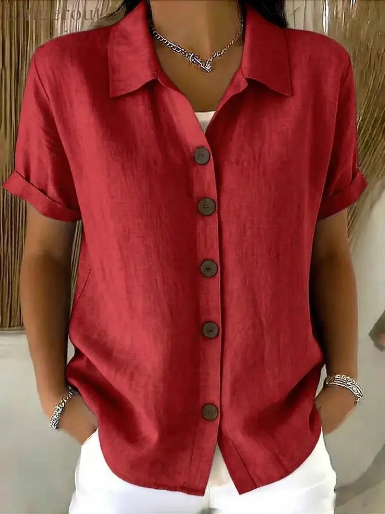 Women’s Turn-Down Collar Short Sleeve Linen Shirt - Red / S