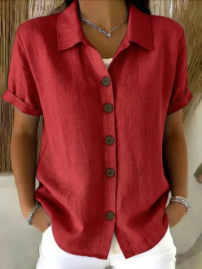 Women’s Turn-Down Collar Short Sleeve Linen Shirt - Red / S
