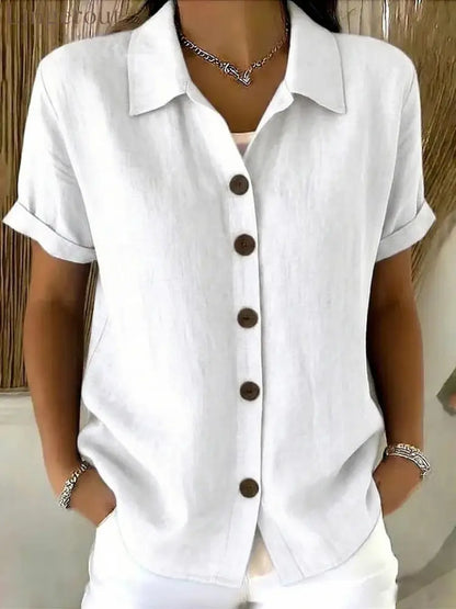 Women’s Turn-Down Collar Short Sleeve Linen Shirt - White / S