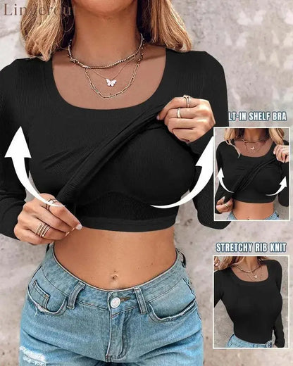 ??Womens U-Neck Built-in Bra Long Sleeve Ribbed Top Shirts Elegant Skinny Fit Fabric - Black / S